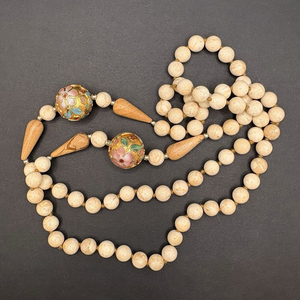 Vintage Cloisonné Floral Marbled Stone Wood Beige Knotted Necklace 34" Gold Tone
